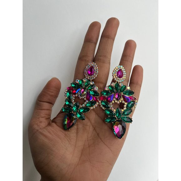 Big green fuchsia earring large Ab earrings large rhinestone crystal chandelier - Picture 6 of 7